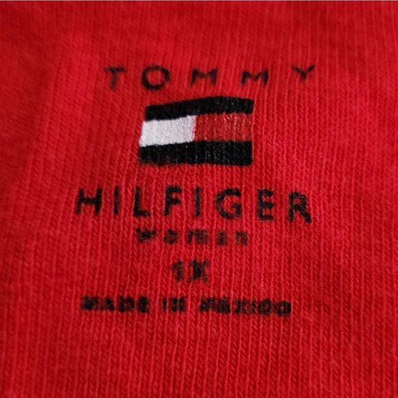 TOMMY HILFIGER Retro Y2K V Neck Tee Top T Shirt Womens 1X Red Logo Designer - Picture 4 of 5